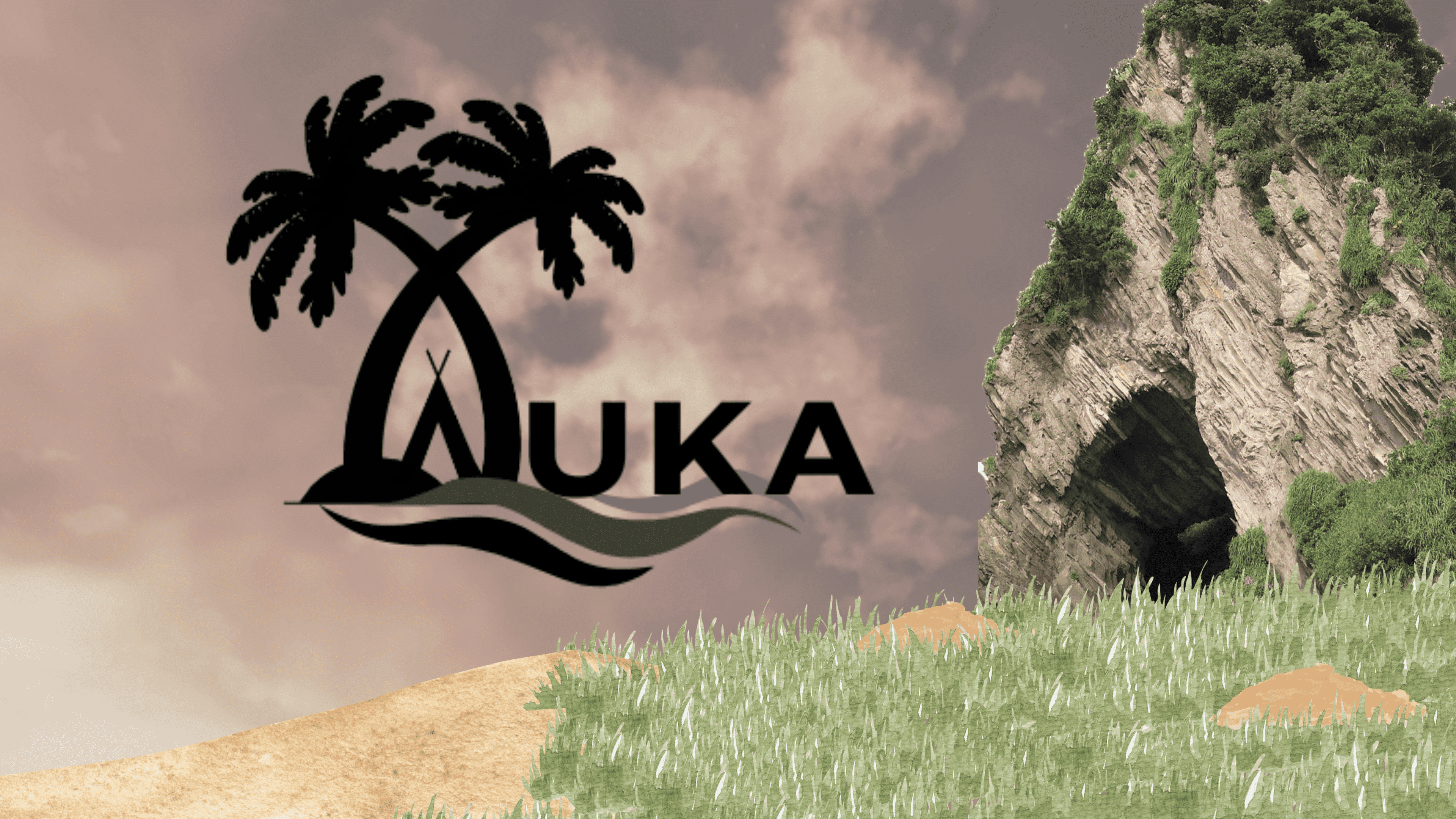 AUKA logo with palm trees beside an island cliff
